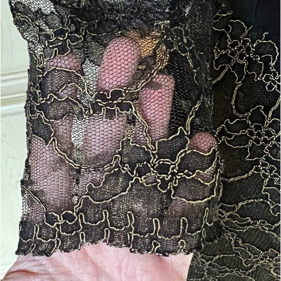 DKNY Metallic Lace Overlay V-Neck Dress With Sheer Sleeves - Picture 6 of 16